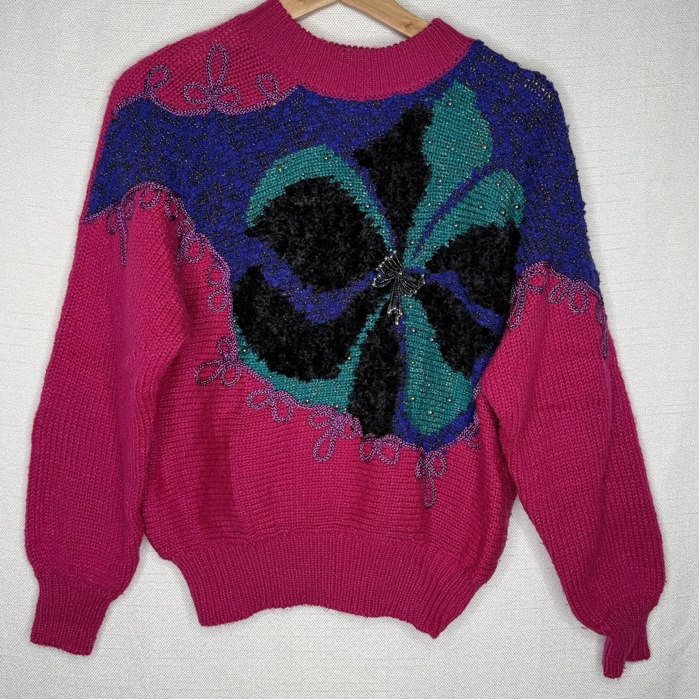 VTG 90s Jaclyn Smith Beaded Floral Sweater Womens S Pink Purple Knit Retro Glam